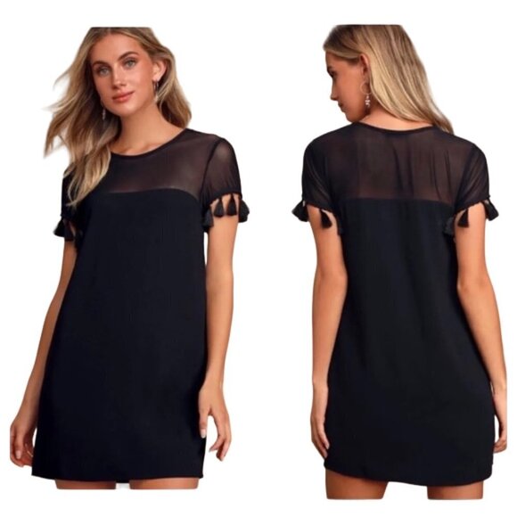 Lulus Iced Latte Black Shift Dress Mesh Tassel Short Sleeve Nwt Women's Medium